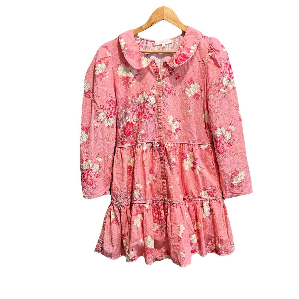 Love Shack Fancy Pink Floral Tiered Button Up Collared Women's Dress Size Medium